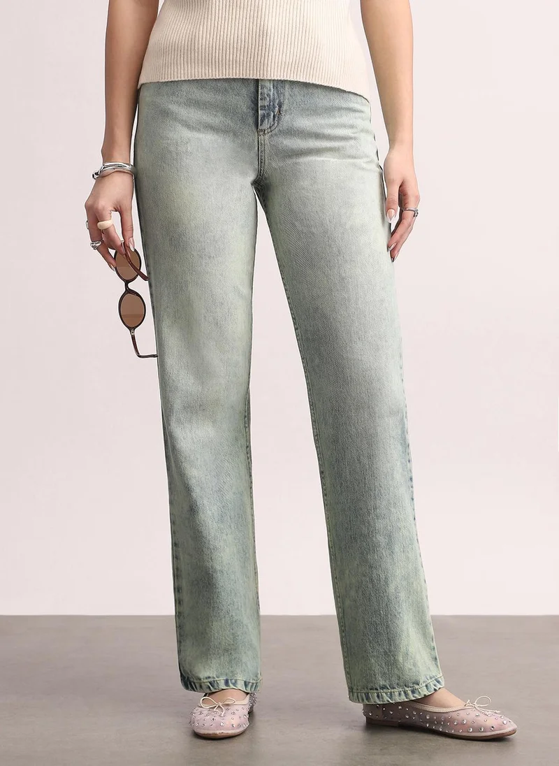 Urbano Fashion Women's Ice Blue High Rise Straight Fit Washed Jeans Non-Stretchable